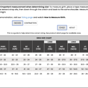 A size chart for Weissman Parachute Pants (girls’ long/short) shows bust, waist, hips, girth, and inseam in inches, with sizes T (2/3)–XLC (12/14) plus fitting instructions above.